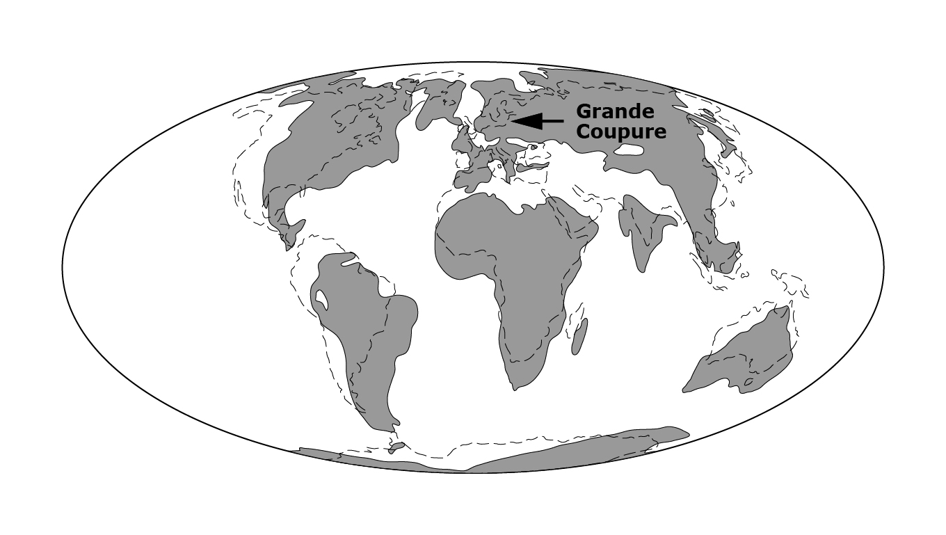 Paläogeographische Karte der Erde vor 34 Millionen Jahren
