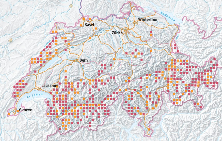 Aktuelle Verbreitung des Gartenschläfers in der Schweiz.