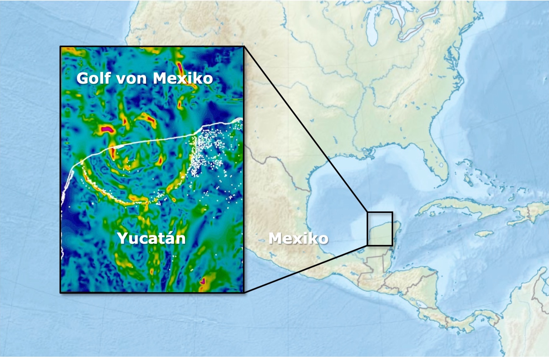 Karte von Nordamerika und Zoom auf die Region Chicxulub, die einen Krater zeigt