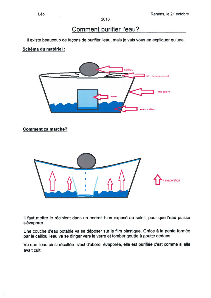 Léo illustre une expérience toute simple pour dessaler l'eau grâce au soleil.